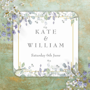 Sage and Lilac Watercolour Floral Wedding Square Sticker