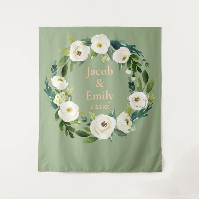 Sage and Peach Custom Wedding Photo Booth Backdrop Tapestry (Front)