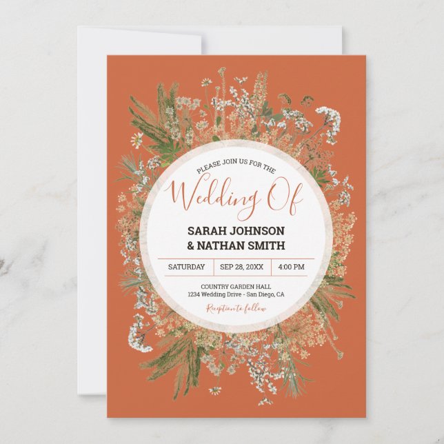 Sage and Terracotta Rustic Dried Flowers Wedding Invitation (Front)