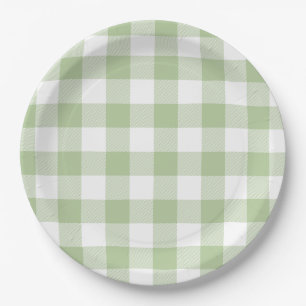 Sage and White Buffalo Plaid Gingham Paper Plate