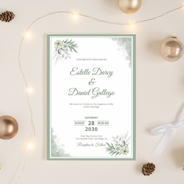 Sage and White Watercolor Floral Wedding Invitation (Creator Uploaded)