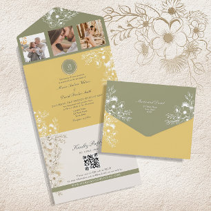 Sage and Yellow Floral Spring Wedding All In One Invitation