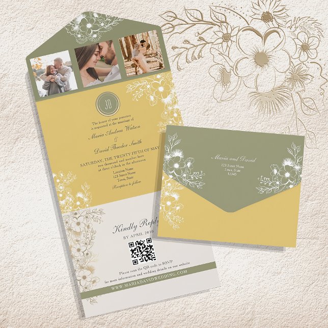 Sage and Yellow Floral Spring Wedding All In One Invitation (Creator Uploaded)