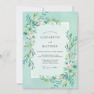 Sage Aqua Leafy Wedding Invitation