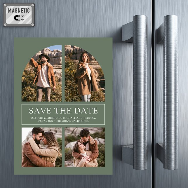 Sage Arch Photo Collage Wedding Save the Date Magnetic Invitation (Creator Uploaded)