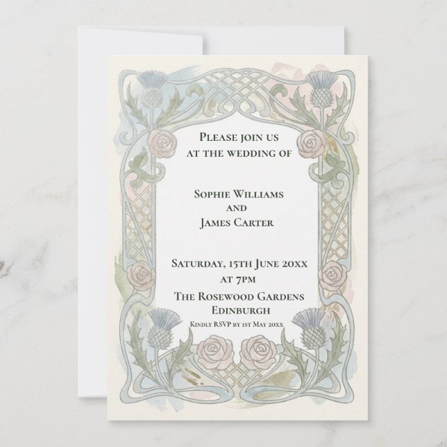 Sage Art Nouveau Wedding Invitation (Front)
