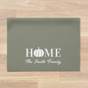 Sage Autumn Home White Pumpkin Custom Family Name Tea Towel