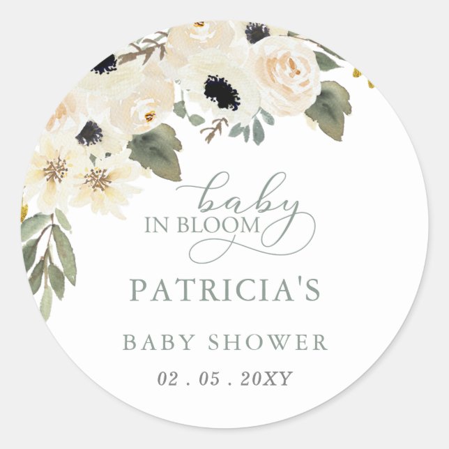 Sage Baby in Bloom Ivory Floral Girl Baby Shower Classic Round Sticker (Front)