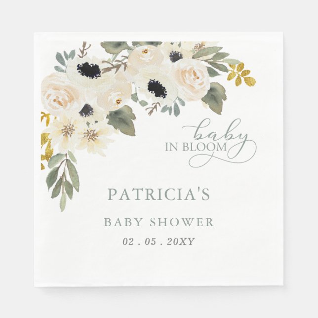 Sage Baby in Bloom Ivory Floral Girl Baby Shower Napkin (Front)