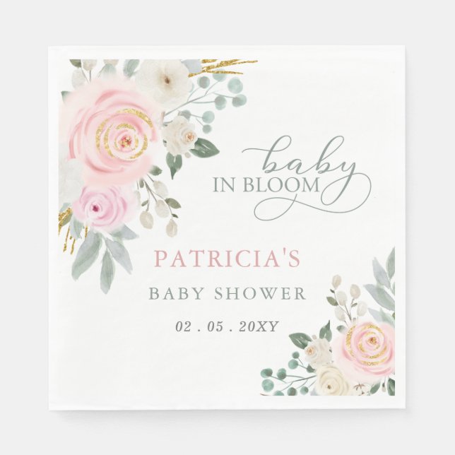 Sage Baby in Bloom Pink Floral Girl Baby Shower Napkin (Front)