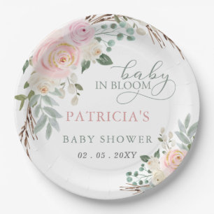 Sage Baby in Bloom Pink Floral Girl Baby Shower Paper Plate