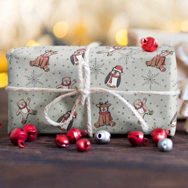 Sage Babys First Christmas Winter Animals Wrapping Paper (Baby's First Christmas Winter Animal Sage Wrapping Paper. Hand-Drawn Penguin, Reindeer, Teddy Bear)