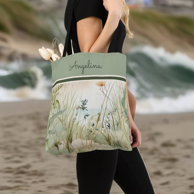 Sage Beach Dunes Grasses and Flowers Monogram Tote Bag (Creator Uploaded)