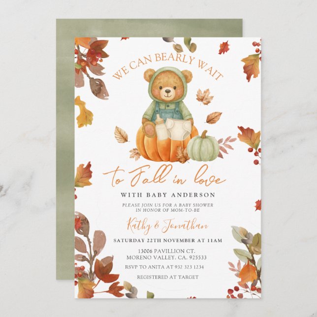 Sage Bear Fall in Love Pumpkin Baby Shower Invitation (Front/Back)