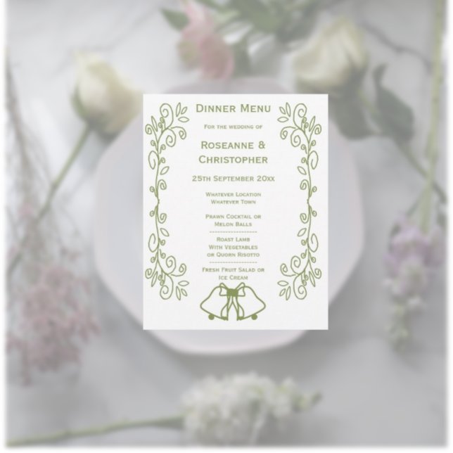 Sage Bells Scrollwork Design Wedding Menu (Sage wedding menu bells and scrollwork design)