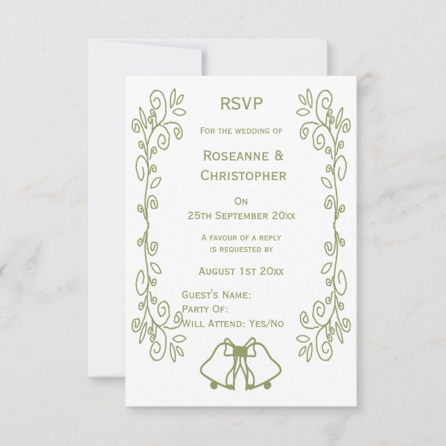 Sage Bells Scrollwork Design Wedding RSVP Card (Front)