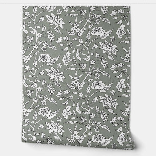 Sage, Black and White Floral Illustrated Pattern Wallpaper