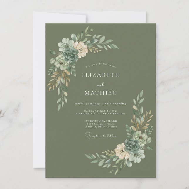 Sage Blossom Accent Wedding Invitation (Front)