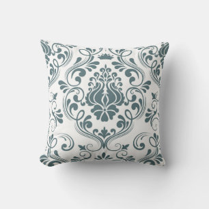 Sage Blue and White Damask Floral Pattern Elegant  Cushion