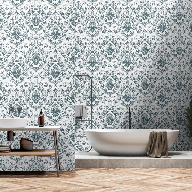 Sage Blue and White Damask Floral peel and stick Wallpaper (Bathroom)