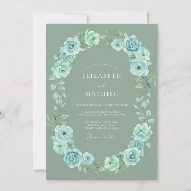 Sage Blue Botanical Whimsical Wedding Invitation (Front)