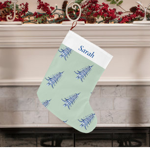 Sage Blue Christmas Pagoda Tree pattern Large Christmas Stocking