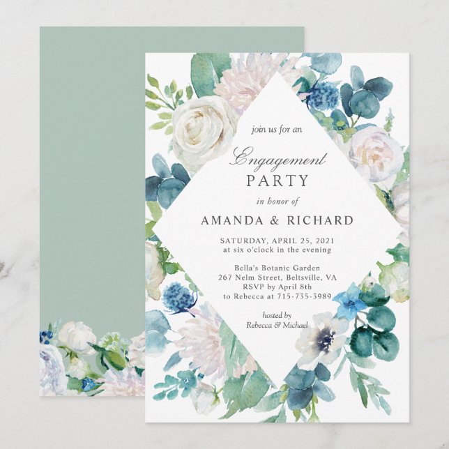 Sage Blue Floral Engagement Party Invitation (Front/Back)
