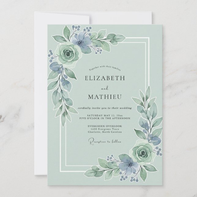 Sage Blue Floral Flourish Wedding Invitation (Front)