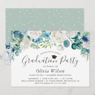 Sage Blue Floral Graduation Party Invitation