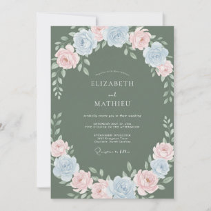Sage Blue Pink Botanical Floral Wedding Invitation