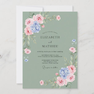 Sage Blue Romantic Floral Wedding Invitation