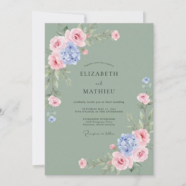 Sage Blue Romantic Floral Wedding Invitation (Front)