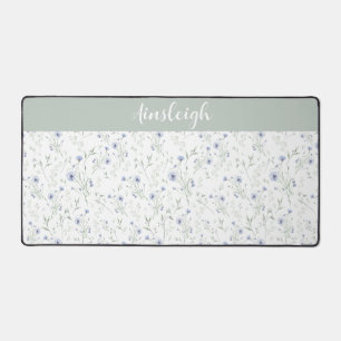 Sage Blue Watercolor Wildflower Floral Custom Name Desk Mat