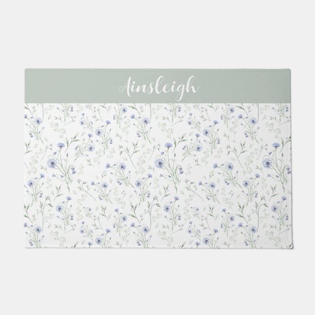 Sage Blue Watercolor Wildflower Monogram Name Doormat (Front)