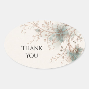 Sage Blue Watercolour Floral Wedding Thank You Oval Sticker