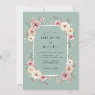 Sage Blush Blossom Romance Wedding Invitation