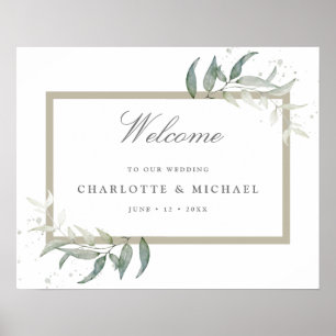 Sage blush blue greenery wedding welcome poster