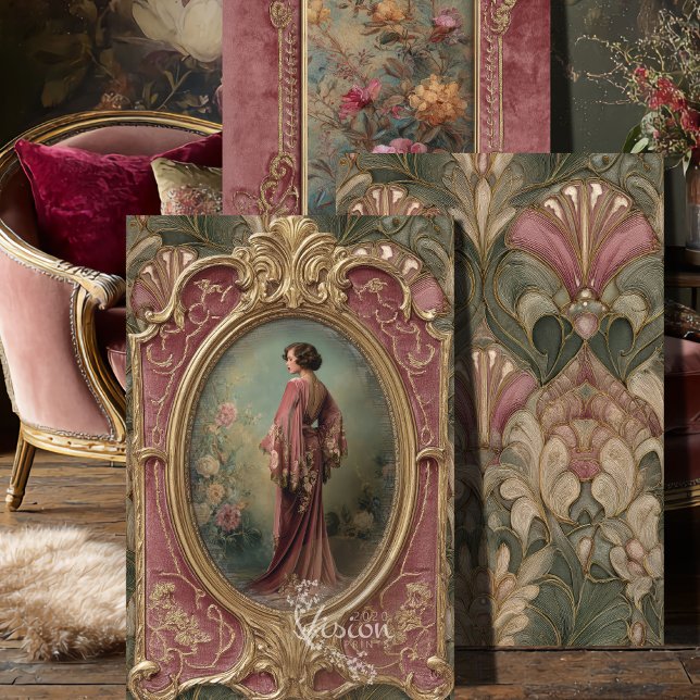 Sage Blush Flapper Art Nouveau 3 Panel Set Wrapping Paper Sheet (Three art nouveau panels propped on dark wood floor beside pink French velvet chair)