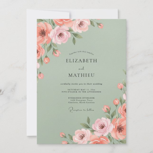 Sage Blush Floral Bloom Wedding Invitation (Front)