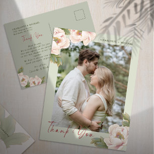 Sage & Blush Peony Floral Photo Wedding Thank You  Postcard