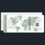 Sage Boarding Pass Destination wedding QR code  Invitation<br><div class="desc">Sage green Boarding pass wedding ticket invitation featuring a destination world map,  Wedding Pass,  Destination Wedding,  Passport with QR code Rsvp card.</div>