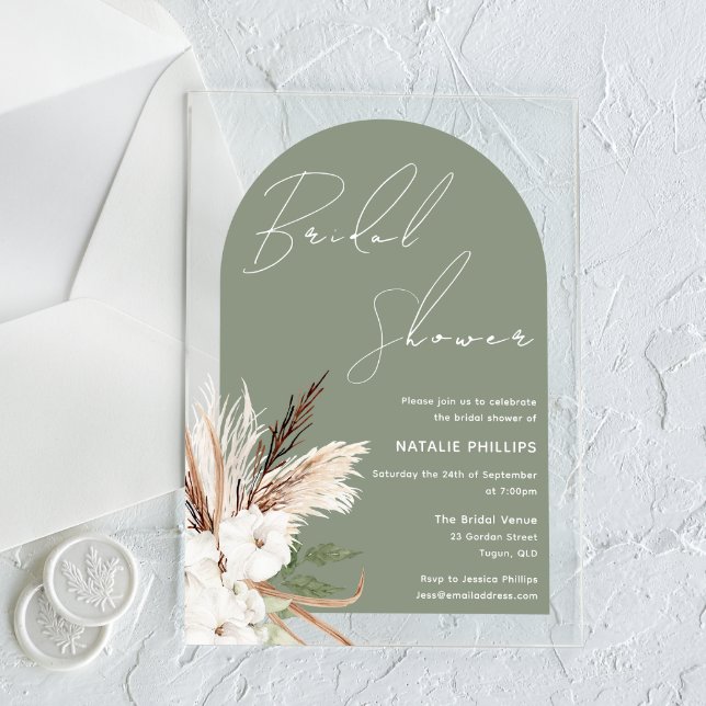 Sage Boho Arch White Floral Bridal Shower Acrylic Invitations (Creator Uploaded)