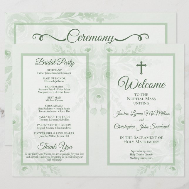 Sage Boho Floral DIY Fold Catholic Wedding Program (Front/Back)