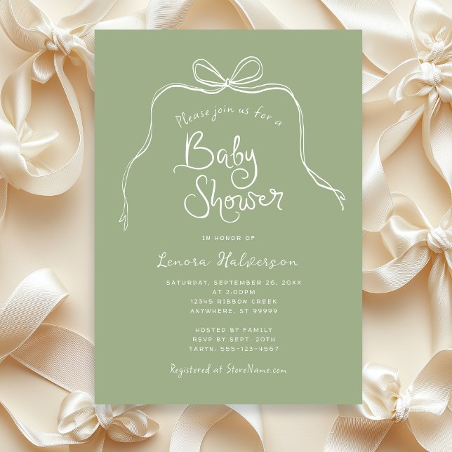 Sage Bold Simple Bow Baby Shower Invitation (Shown on a 5" x 7" card)