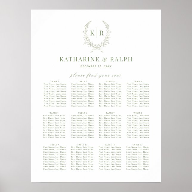 Sage Botaniacal Crest Monogram Seating Chart (Front)