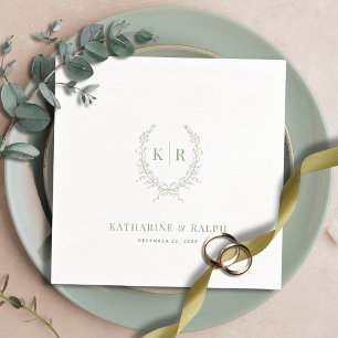 Sage Botaniacal & Ribbon Crest Monogram Wedding Napkin