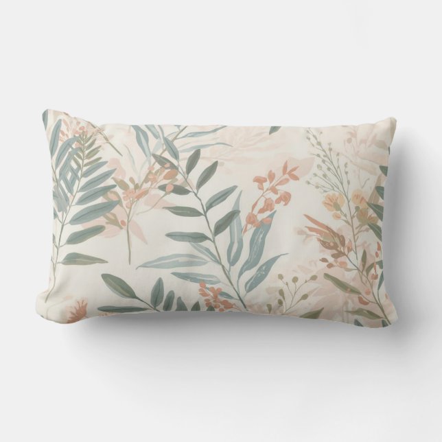 Sage Botanical Blush Leaf Watercolor Pattern Lumbar Cushion (Front)