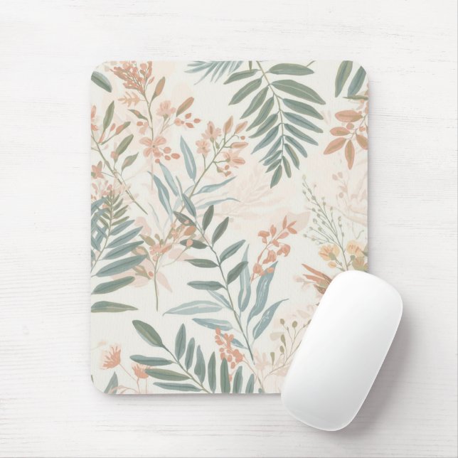 Sage Botanical Blush Leaf Watercolor Pattern Mouse Pad (With Mouse)