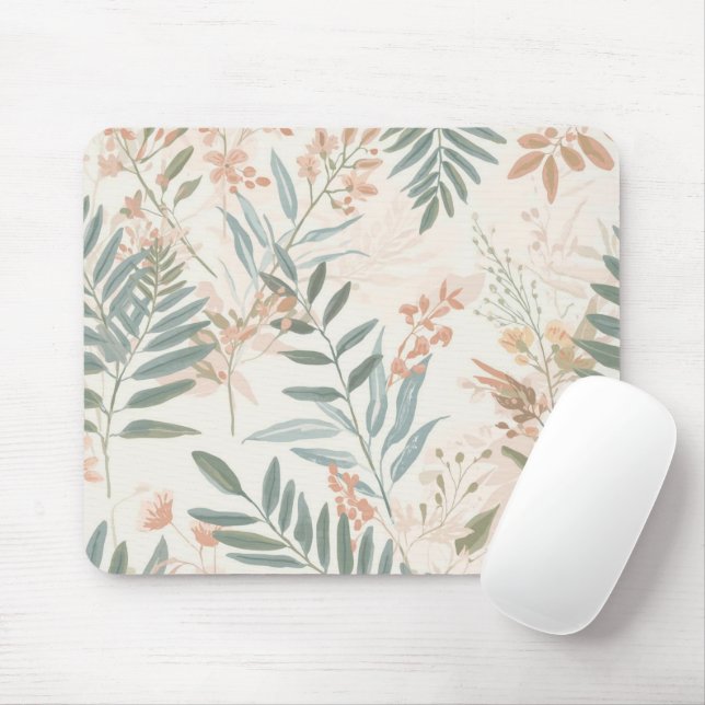 Sage Botanical Blush Leaf Watercolor Pattern Mouse Pad (With Mouse)
