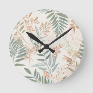 Sage Botanical Blush Leaf Watercolor Pattern Round Clock